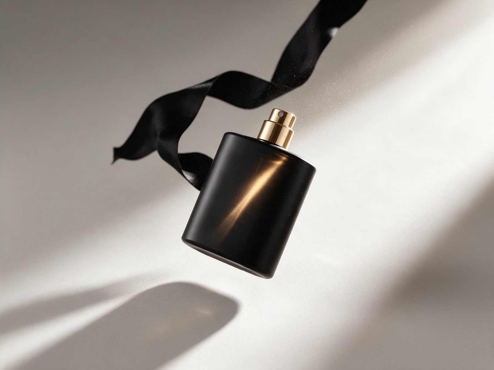 KI-generiertes Produktvisual: schwebender Parfumflakon